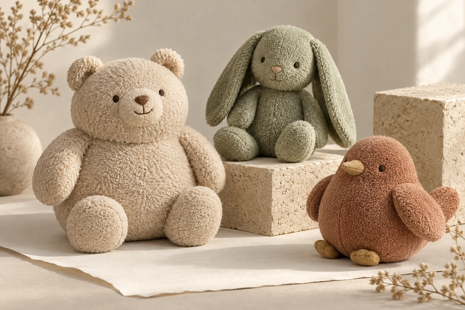 Original AI concept study of an oatmeal bear, sage rabbit and clay-coloured bird in a soft neutral palette