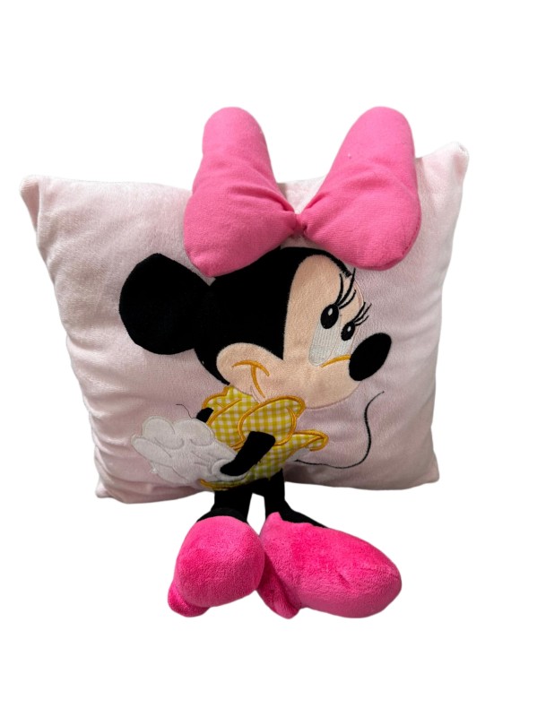 Minnie Mouse square cushion — bright pink bow — Pale pink panel, yellow dress motif and dangling pink feet.