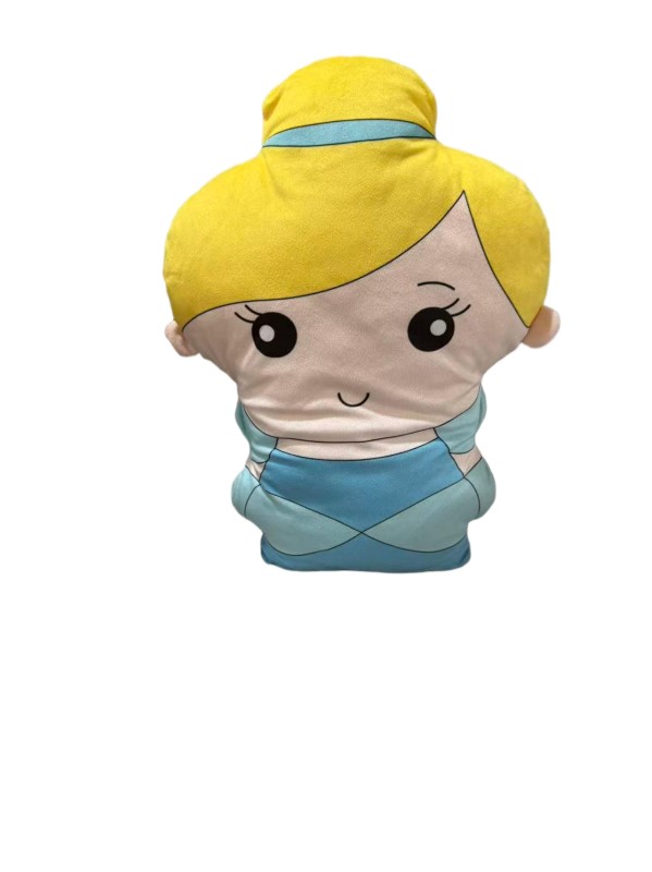 Cinderella shaped cushion — A rounded character silhouette with yellow hair and a blue dress motif.