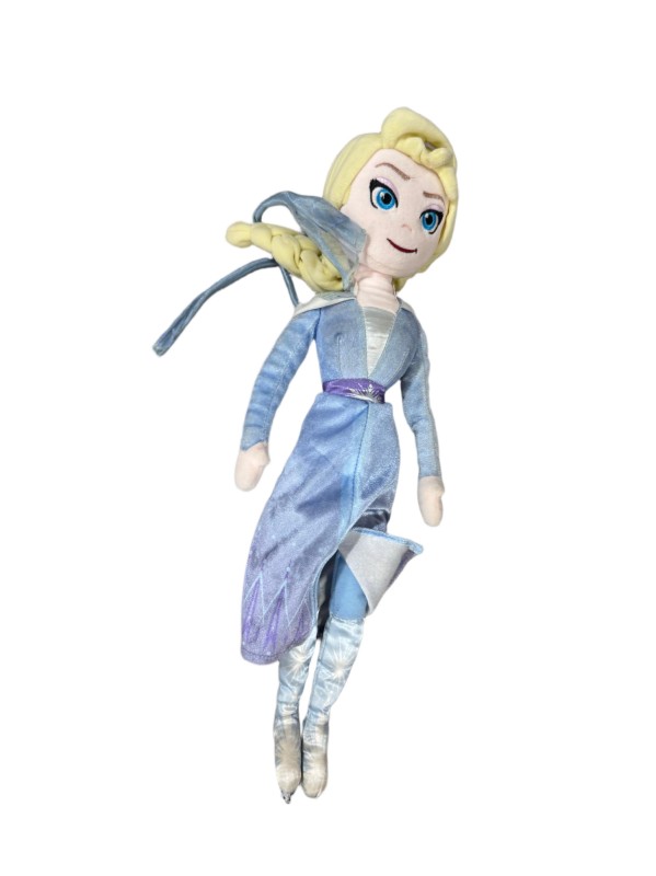 Elsa soft doll — Braided blonde hair and a silver-blue outfit.