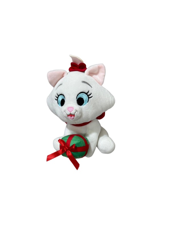 Marie cat plush with gift — White cat character, red bows and a green gift accessory.