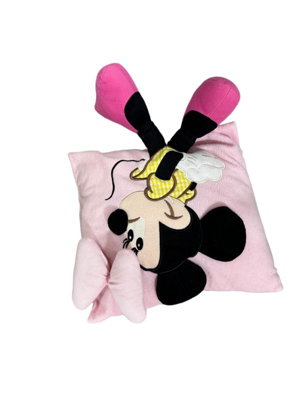 Minnie Mouse square cushion — pale pink bow — Pale pink panel and bow, yellow dress motif and dangling pink feet.