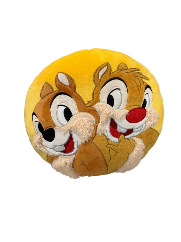 Chip and Dale round cushion — Two chipmunk characters on a yellow round panel.