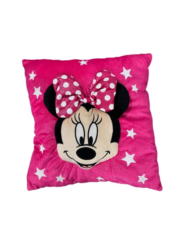 Minnie Mouse star-pattern square cushion — Bright pink panel with white stars and a spotted dimensional bow.