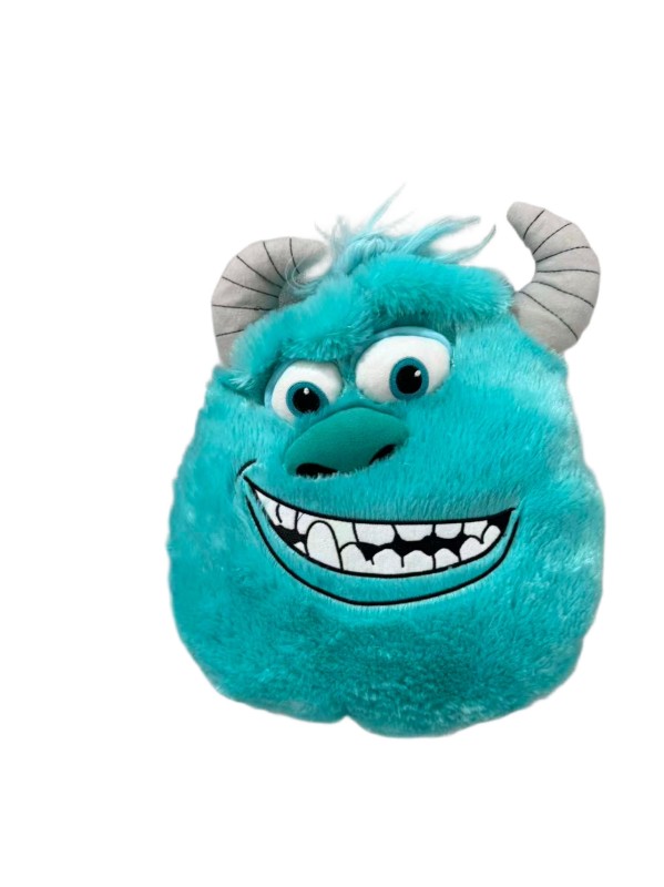 Sulley face cushion — Turquoise fluffy face, curved grey horns and a wide smile.