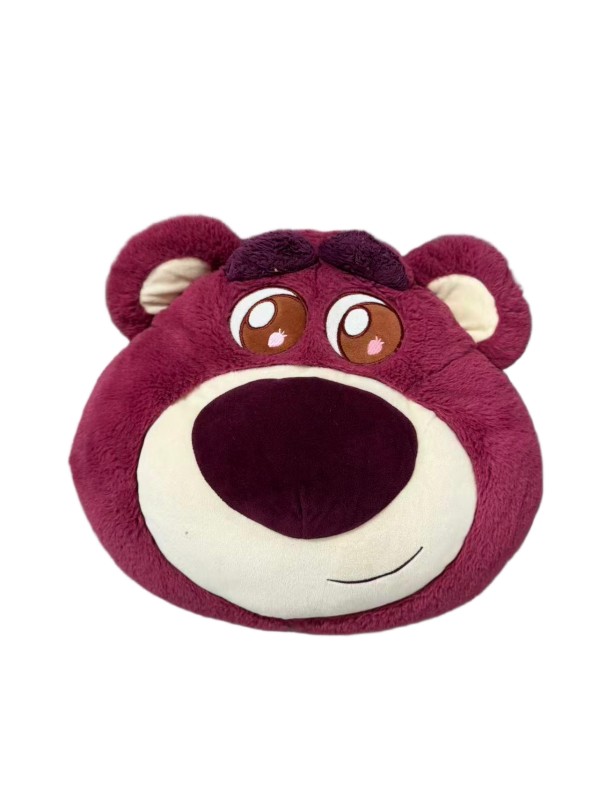 Lotso face cushion — Berry-coloured bear face with a cream muzzle and large dark nose.