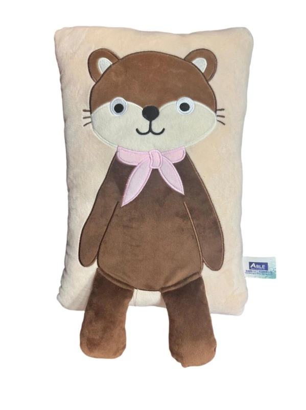 Brown animal panel cushion with pink bow — WB2-059